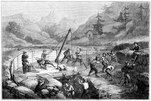Ausgrabung und Waschen von Sanden am Grund eines Flusses, Kalifornien, 19. Jahrhundert