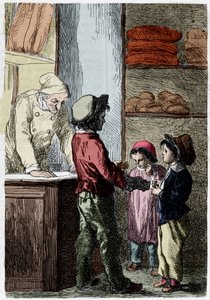 Gavroche gibt Kindern Brot - in Les Misérables von Victor Hugo, illustriert von Brion, ed. Hetzel und Lacroix