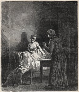 Marguerite betritt Fantines Zimmer und Fantine zeigt ihr zwei Napoleon-Münzen, die Cosette, ihre Tochter, retten können - Illustration von Gustave Brion (1824-1877) für „Die Elenden - Erster Teil: Fantine“ von Victor Hugo (1802-1885) 1862