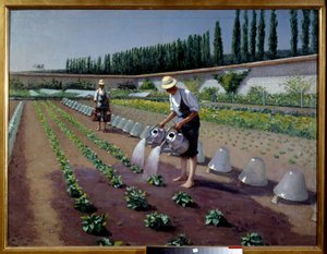 Die Gärtner, zwei Männer mit ihren Gießkannen bewässern ihre Pflanzung, Gemälde von Gustave Caillebotte