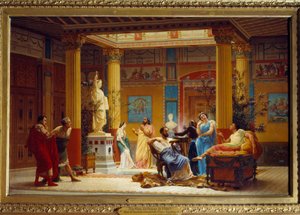Die Wiederholung des „Flötenspielers“ und „La Femme de Diomede“ im Atrium des Maison Pompeienne in Paris durch Prinz Napoleon von Gustave Clarence Rodolphe Boulanger