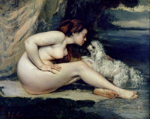 Weiblicher Akt mit einem Hund (Porträt von Leotine Renaude) 1861-62