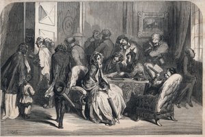 Das Wartezimmer eines Zahnarztes. Zeichnung von Gustave Doré (1832-1883). Gravur in „Le Monde illustre“ von 1862. Private Sammlung