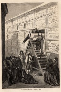 Eine Beerdigung in Barcelona, Zeichnung von Gustave Doré (1832-1883), zur Illustration seiner Reise nach Spanien mit C. Davillier im Jahr 1862. Gravur in „Le tour du monde“, herausgegeben von Edouard Charton von Gustave Dore