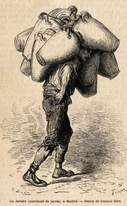 Ein Krugverkäufer, Skizze lebendig aufgenommen in Madrid. Gravur von Gustave Doré (1832-1883) zur Illustration seiner Reise nach Spanien, mit Ch. Davillier (Herausgeber), 1862, veröffentlicht in „Le tour du monde“ 1869, herausgegeben von Edouard Charton, H von Gustave Dore