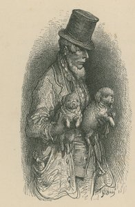 Ein Mann mit Zylinder, der zwei Hunde in den Händen hält von Gustave Dore