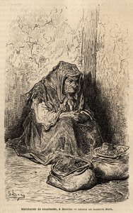 Ein Erdnusshändler, Skizze vor Ort an der Puerta del Sol, in Madrid. Gravur von Gustave Doré (1832-1883) zur Illustration seiner Reise nach Spanien, mit Ch. Davillier (Herausgeber), 1862, veröffentlicht in „Le tour du monde“ 1869, herausgegeben von Edouard