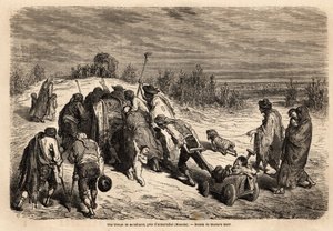 Eine Truppe von Bettlern und Kranken, ein wahres Wundergericht, ist auf dem Weg zu einer Diligence, um in der Nähe von Almuradiel (Provinz Mancha) um Almosen zu bitten. Zeichnung von Gustave Dore (1832-1883). Gravur zur Illustration der Reise nach Spanien, von Gustave Dore