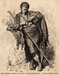 Ein junger Bettler, a la vente de Cardenas, ein Gasthaus an der Straße von Almaden (Provinz des Ärmelkanals). Skizze nach dem Leben von Gustave Dore (1832-1883). Gravur zur Illustration der Reise nach Spanien, im Jahr 1862 von Charles Davillier und Gustave