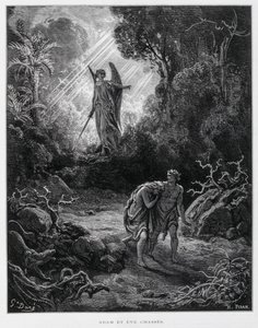 Adam und Eva werden von einem Engel aus dem Garten Eden verbannt, Illustration aus der Dore-Bibel