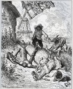 Nach dem Angriff auf die Windmühlen - „Misericorde! Sancho“ - aus „Don Quixote de la Mancha“ von Miguel Cervantes (1547-1616) - Holzschnitt nach einer Zeichnung von Gustave Doré von Gustave Dore