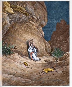 Hagar und ihr Sohn Ismael in der Wüste nach der Vertreibung durch Abraham - Gravur in „Die illustrierte Bibel“ von Gustave Doré (1832-1883) - Gravur von 1866