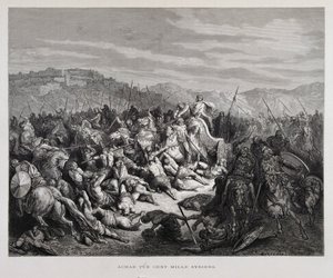 Ahab kämpft gegen die Assyrer in der Schlacht von Qarqar, Illustration aus der Dore-Bibel