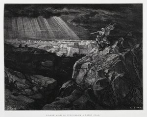 Ein Engel mit Johannes dem Täufer vor Jerusalem, Illustration aus der Dore-Bibel