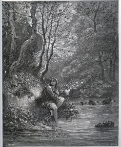 Erscheinung von Dorothee in Bauernkleidung - aus „Don Quijote von der Mancha“ von Miguel Cervantes (1547-1616) - Holzschnitt nach einer Zeichnung von Gustave Doré