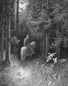 Als er die dunklen Wälder durchquerte, sah er selbst 3 Geister vor Freude verrückt an der Seite der Straße auf einer großen Blume springen (ein Ritter der Tafelrunde trifft die drei Geister im Wald von Brocéliande) - in „Junièvre“ von Alfred Tennyson, ill.