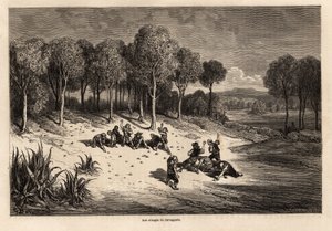 Orangenschlacht von Carcagente, Zeichnung von Gustave Doré (1832-1883), zur Illustration seiner Reise nach Spanien mit C. Davillier im Jahr 1862. Gravur in „Le tour du monde“, herausgegeben von Edouard Charton