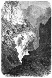 Bärenjagd in den Pyrenäen: Ein Mann stürzt vom Berg. Gravur von Gustave Doré, die das Buch „Reise in die Pyrenäen“ von Hippolyte Taine, Hachette 1860, illustriert. von Gustave Dore