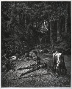 Biwak im Wald - Verzaubert von der Schönheit des Ortes beschlossen sie, dort die Stunden des Nickerchens zu verbringen - aus „Don Quixote de la Mancha“ von Miguel Cervantes (1547-1616) - Holzschnitt nach einer Zeichnung von Gustave Dore von Gustave Dore