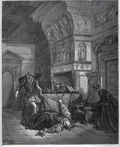 Camille täuscht Selbstmord vor Lothaire und Leonella - aus „Don Quijote de la Mancha“ von Miguel Cervantes (1547-1616) (Don Quijote) - Holzschnitt nach einer Zeichnung von Gustave Doré