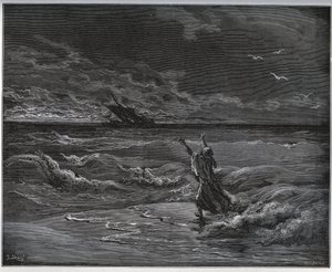 Gefangenen-Geschichte. Aagi-Morato, der Vater von Zoraide, ist am Ufer von „Don Quijote de la Mancha“ von Miguel Cervantes (1547-1616) (Don Quijote) - Holzschnitt nach einer Zeichnung von Gustave Doré