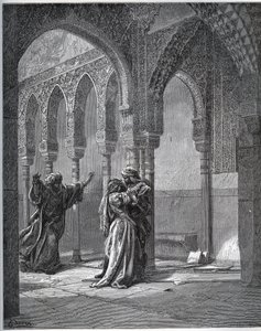 Gefangenen-Geschichte. Erstes Treffen des Gefangenen mit Zoraide im Garten ihres Vaters - aus „Don Quijote de la Mancha“ von Miguel Cervantes (1547-1616) - Holzschnitt nach einer Zeichnung von Gustave Doré von Gustave Dore