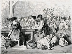 Zigarrenarbeiterinnen von Sevilla. Herstellung von Zigarren, Arbeiter, Tabak. Zeichnung von Gustave Doré zur Illustration des „Voyage en Espagne“ von Charles Davillier von Gustave Dore