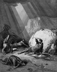 Bekehrung des heiligen Paulus auf dem Weg nach Damaskus (Apostelgeschichte 9, aus der Bibel von Gustave Doré, 1865-1866, Holzstich, die Kraft Gottes wird als Lichtstrahl dargestellt) von Gustave Dore