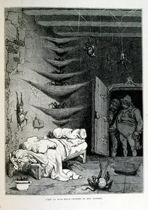 Croque-Mitaine; Illustration von 1863, von Gustave Doré (1832–1883); französischer Künstler, Druckgrafiker, Illustrator. Croque-Mitaine (Der Bögemann) ein bösartiger Charakter, der Kindern vorgestellt wird, um sie zu erschrecken und sie so weiser zu machen