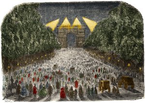 Menschenmenge bewundert die elektrische Beleuchtung des Arc de Triomphe und der Champs-Élysées in Paris am 26. und 27. Oktober.