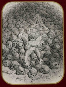Cupidon mit einer Pistole auf einem Berg von Totenköpfen von Gustave Dore