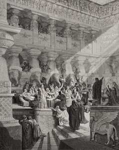 Daniel deutet die Schrift an der Wand, Daniel 5:25-28, Illustration aus Dores 