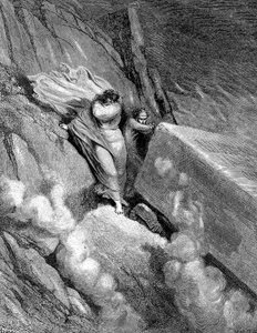 Dante und Virgil am Rand des Abgrunds, aus dem ein übler Geruch aufstieg, 1863