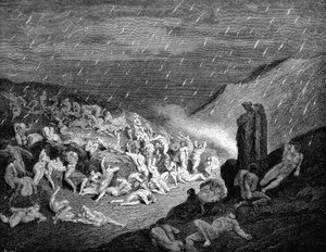Dante und Virgil blicken auf die Seelen in Qualen in der Hölle von Gustave Dore
