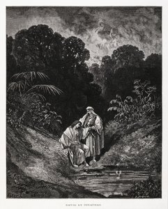 David und Jonathan, heroische Figuren des Königreichs Israel, die einen Freundschaftsbund schlossen, aufgezeichnet in den Büchern Samuel, Illustration aus der Dore-Bibel von Gustave Dore