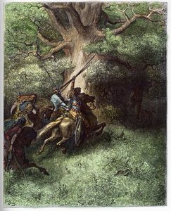 Tod von Absalom - Nach der Niederlage gegen die Truppen seines Vaters blieb Absalom an den Ästen eines Baumes hängen, als er vom Schlachtfeld floh - Gravur in „Die illustrierte Bibel“ von Gustave Doré (1832-1883) von Gustave Dore