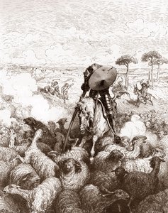 Don Quijote greift die Schafherde an. Gravur von Gustave Doré für „Der sinnreiche Junker Don Quijote von der Mancha“ von Miguel de Cervantes, 1863