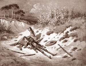Don Quijote nach seiner Prügelstrafe ruft seine ideale Dame Dulcinea del Toboso an. Gravur von Gustave Doré für „Der sinnreiche Junker Don Quijote von der Mancha“ von Miguel de Cervantes, 1863 von Gustave Dore