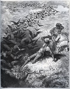 Don Quijote in der Höhle von Montesinos - Eine unendliche Anzahl von Krähen und Raben fliegt aus der Höhle und wirft Don Quijote zu Boden (II, 22) - aus „Don Quijote de la Mancha“ von Miguel Cervantes - Holzschnitt nach einer Zeichnung von Gustave Dore
