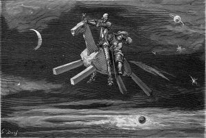 Don Quijote und Sancho Panza im Himmel, zwischen Mond und Sternen, reiten auf dem Holzpferd Clavilegne. Gravur von Gustave Doré zur Illustration der Hachette-Ausgabe von 1869 des Buches „Der sinnreiche Junker Don Quijote von der Mancha“