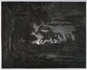 Don Quijote und Sancho Panza zu Beginn des Abenteuers in einem dichten und unbekannten Wald - aus „Don Quijote von der Mancha“ von Miguel Cervantes (1547-1616) - Holzschnitt nach einer Zeichnung von Gustave Doré