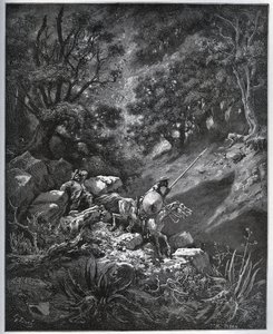 Don Quijote und Sancho Panza setzen ihre Reise in der Sierra Morena auf der Suche nach der Deguenille-de-la-Malaise-Mine fort - aus „Don Quijote von der Mancha“ von Miguel Cervantes (1547-1616) - Holzschnitt nach einer Zeichnung von Gustave Doré von Gustave Dore