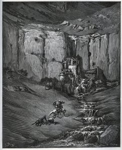 Don Quixote und Sancho Panza entdecken, was ihre Besorgnis verursachte, einen Wasserfall und eine Mühle - aus „Don Quixote de la Mancha“ von Miguel Cervantes (1547-1616) - Holzschnitt nach einer Zeichnung von Gustave Dore
