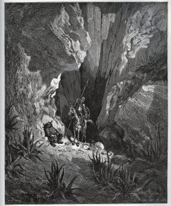 Don Quixote und Sancho Panza finden die Sachen eines Reisenden - aus „Don Quixote de la Mancha“ von Miguel Cervantes (1547-1616) - Holzschnitt nach einer Zeichnung von Gustave Doré