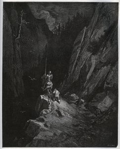 Don Quijote und Sancho Panza versinken in der Sierra Morena - aus „Don Quijote de la Mancha“ von Miguel Cervantes (1547-1616) (Don Quijote) - Holzschnitt nach einer Zeichnung von Gustave Dore.