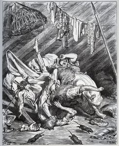 Don Quixote und ein Maultiermacher kämpfen um Maritornes, die Haushälterin, die Don Quixote für seine Dulcinea hält - aus „Don Quixote de la Mancha“ von Miguel Cervantes (1547-1616) - Holzschnitt nach einer Zeichnung von Gustave Doré von Gustave Dore