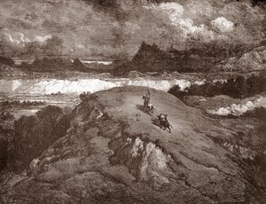 Don Quijote und Sancho Panza nähern sich der Sierra Morena. Gravur von Gustave Doré für „Der sinnreiche Junker Don Quijote von der Mancha“ von Miguel de Cervantes, 1863 von Gustave Dore