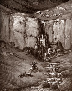 Don Quijote und Sancho Panza sehen einen Wasserfall und lärmende Hütten (Gravur von Gustave Doré für „Der sinnreiche Junker Don Quijote von der Mancha“ von Miguel de Cervantes) von Gustave Dore