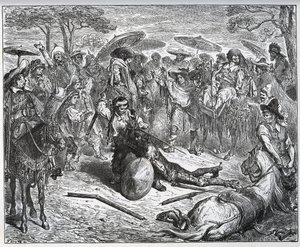 Don Quijote wird inmitten einer Gruppe von Kaufleuten geschlagen - Der Maultiermacher hatte Gefallen am Spiel gefunden - aus "Don Quijote von der Mancha" von Miguel Cervantes von Gustave Dore