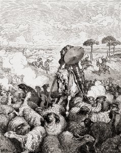 Don Quijote kämpft gegen die Schafherde, aus Die Gartenlaube, veröffentlicht 1905 von Gustave Dore